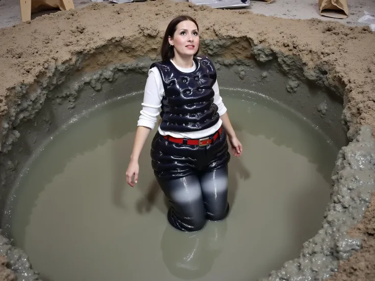 A 40 year old 300 pound woman wearing a white uniform shirt and black uniform pants wearing a red leather belt wearing a black shiny vinyl bulletproof vest partially submerged in extremely thick sticky cement on a construction site in a pit that is beneath...