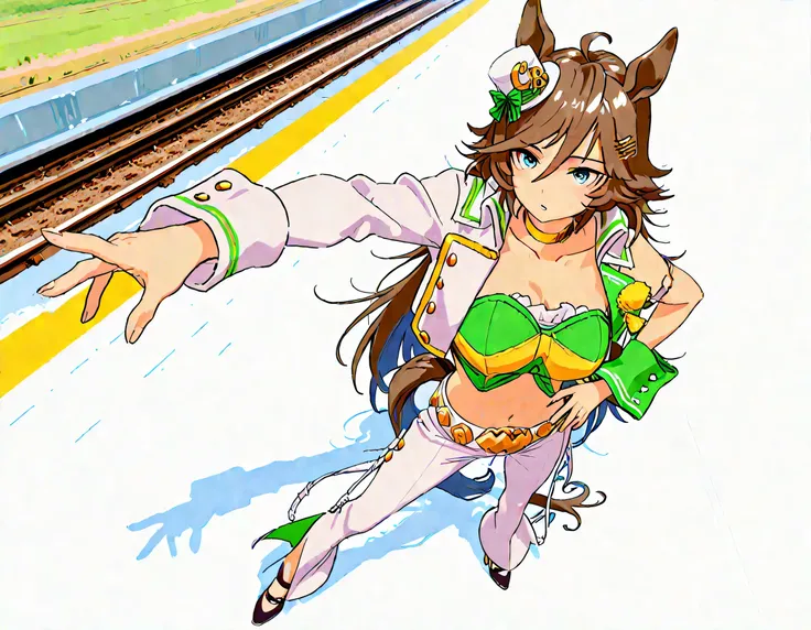 masterpiece masterpiece, ultra-HD, impressionism, high detail, best quality, very aesthetic, 8k, best quality, beautiful, anime coloring , mr. c.b. (umamusume), blue eyes , big breast , strapless shirt, white tight pants , high-waisted and flared pants , ...