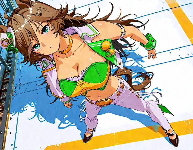 masterpiece masterpiece, ultra-HD, impressionism, high detail, best quality, very aesthetic, 8k, best quality, beautiful, anime coloring , mr. c.b. (umamusume), blue eyes , big breast , strapless shirt, white tight pants , high-waisted and flared pants , ...