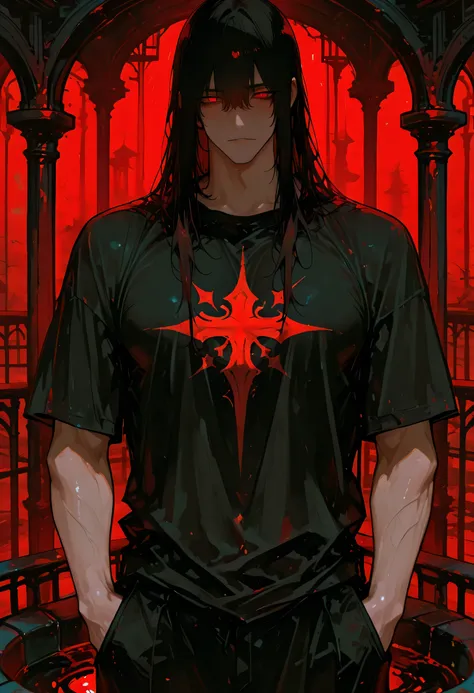 1 adult, well-proportioned face, attractive man, handsome man, bare chested, inky black pant, cool expression, long messy free-falling black hair, crimson eyes, black slit pupils, well-defined physique, light imperial background