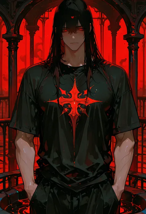 1 adult, well-proportioned face, attractive man, handsome man, bare chested, inky black pant, cool expression, long messy free-falling black hair, crimson eyes, black slit pupils, well-defined physique, light imperial background