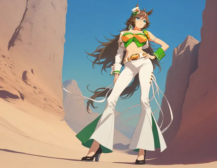 masterpiece masterpiece, ultra-HD, impressionism, high detail, best quality, very aesthetic, 8k, best quality, beautiful, anime coloring , mr. c.b. (umamusume), blue eyes , big breast , strapless shirt, white tight pants , high-waisted and flared pants , ...