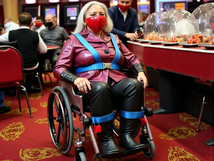 A 72 year old fat Asian woman in a wheelchair wearing a Gbth70sequin thick sequin blazer jacket and black leather pants, wearing a beautifully designed gold and pink latex wheelchair harness with blue restraint straps, the wheelchair has a shiny black hip ...