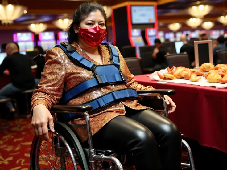 A 72 year old fat Asian woman in a wheelchair wearing a Gbth70sequin thick sequin blazer jacket and black leather pants, wearing a beautifully designed gold and pink latex wheelchair harness with blue restraint straps, the wheelchair has a shiny black hip ...
