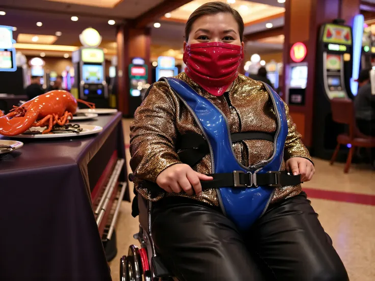 A 72 year old fat Asian woman in a wheelchair wearing a Gbth70sequin thick sequin blazer jacket and black leather pants, wearing a beautifully designed gold and pink latex wheelchair harness with blue restraint straps, the wheelchair has a shiny black hip ...