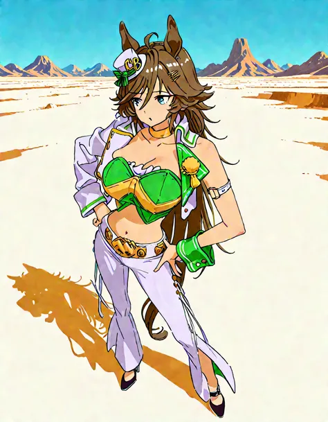 masterpiece masterpiece, ultra-HD, impressionism, high detail, best quality, very aesthetic, 8k, best quality, beautiful, anime coloring , mr. c.b. (umamusume), blue eyes , huge breast , strapless shirt, white tight pants , high-waisted and flared pants ,...