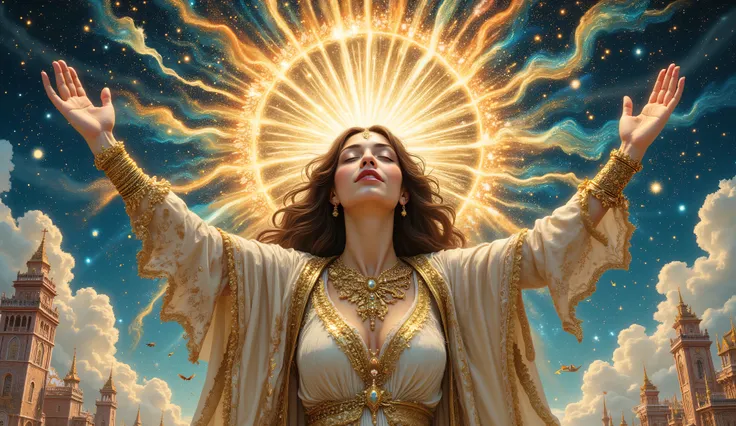 dreamlike art style, surreal fantasy, detailed, intricate, fine strokes, color palette: Han blue, pearl acqua, Buff, Fawn, Light Coral, gold leaf details, with patterns, A woman with her hands and arms raised, thanking the heavens, her expression is one of...