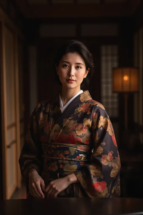 (top quality、greatest masterpiece、8k、best image quality、winning works)、(beautiful mature 40 year old woman:1.1)、  perfect and beautiful composition       、(The most elegant kimono:1.3)、(a kimono with a random calm color:1.2)、Old face with wrinkles、big boob...