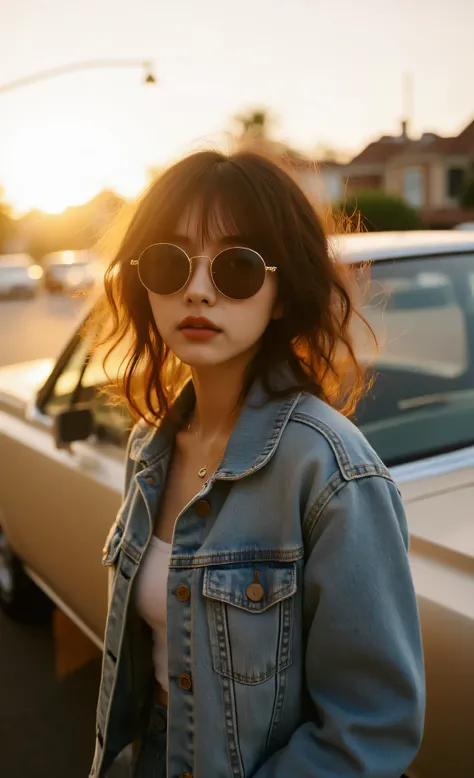 realistic picture of an American street in the eighties, A young woman posing next to a classic car at sunset, Warm golden light illuminates her curly hair, denim jacket and big old sunglasses, Wind blows gently, Analog film tone, (Codeachrome color:1.3), ...