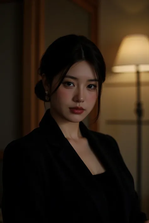 (top quality、Greatest Masterpieces、8k、best image quality、winning works)、(beautiful 40 year old mature woman:1.4)、 perfect and beautiful composition 、(Black Long Sleeve Jacket:1.2)、(black U-neck inner shirt:1.4)、(cleavage:1.2)、Wrinkled old face、big bo...