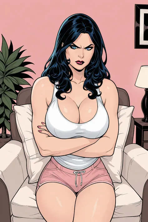 1girl, solo, huntressdccomics, 1girl, solo, black hair, large breasts, long hair, blue eyes, lips, lipstick, makeup, cowboy shot, full lips, facing viewer, t33ryd0ds, "0" :" masterpiece,best quality,absurdres, amazing quality, high contrast, closed mouth, ...