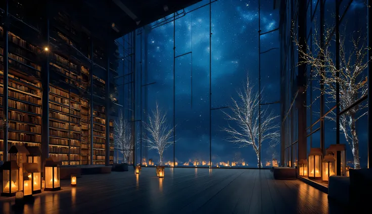 Wide々andした空間に魅惑的なシーンがWideがります, exposed branch silhouettes. At night, envelops the surroundings in deep blue. It's a place where you can soak in both literature and the beauty of an enchanting night, space. This scene evokes peaceful solitude and wonder, cr...