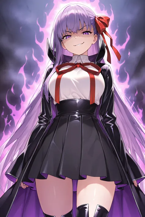 nsfw, (BEAUTIFUL GIRL : 1.3), (beautiful face and eyes with attention to detail),masterpiece,top quality,High Resolution,very detailed, 1girl,solo, glossy skin, bb, purple hair, long hair, bang,purple eyes, black jacket, black skirt, collared shirt, hair r...