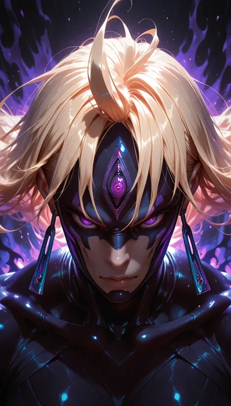 Masterpiece, новейший, 8к, hd, ultra hd, high quality, высокая детализация, 1 man, evil eye, evileyejinenjouji,facial mark and earrings and blonde hair, and purple neck dynamic angle, dynamic pose, dark aura, dark atmosphere