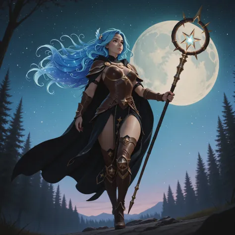 aidmaMJ6.1,Cinematic Shot,Cinematic,Film Still,Movie Still,masterpiece, best quality, very aesthetic, absurdres,,female human druid of the stars, guardian of nature, controlling magical energy made of stars, swirling blue stary magical light, divine symbol...