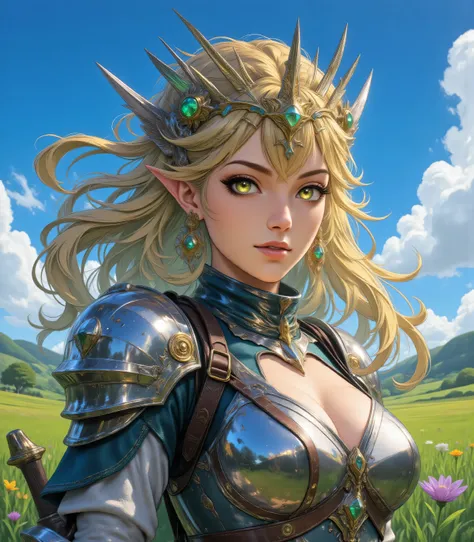 a wide angle, a wallpaper of an elf knight, princess knight, shinning knight, ready for battle , female elf , ultra detailed face, ultra feminine, fair skin, exquisite beauty, gold hair, long hair, wavy hair, small pointed ears, dynamic eyes color, wearin...
