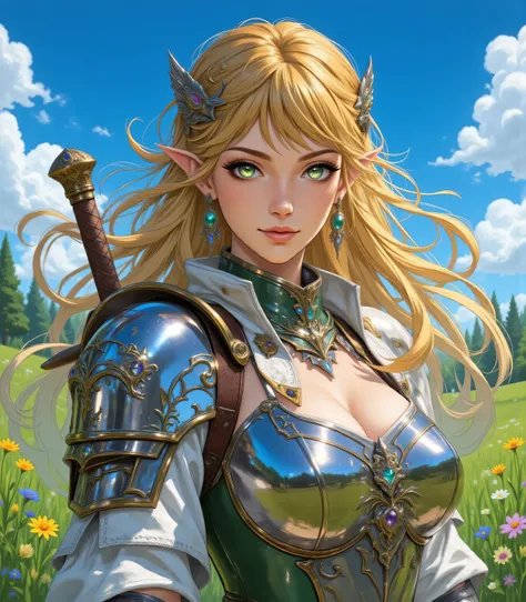 a wide angle, a wallpaper of an elf knight, princess knight, shinning knight, ready for battle , female elf , ultra detailed face, ultra feminine, fair skin, exquisite beauty, gold hair, long hair, wavy hair, small pointed ears, dynamic eyes color, wearin...