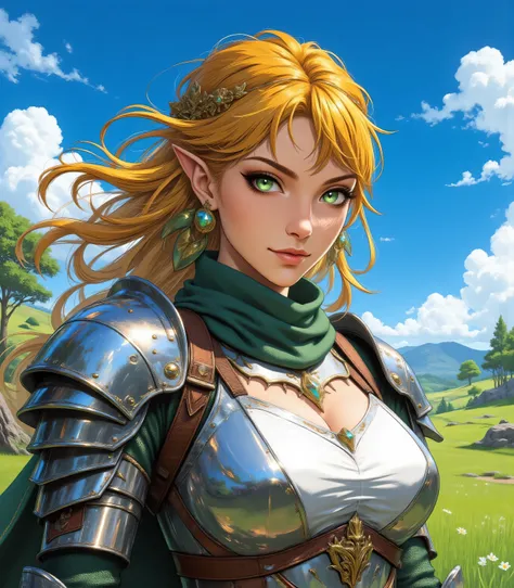 a wide angle, a wallpaper of an elf knight, princess knight, shinning knight, ready for battle , female elf , ultra detailed face, ultra feminine, fair skin, exquisite beauty, gold hair, long hair, wavy hair, small pointed ears, dynamic eyes color, wearin...