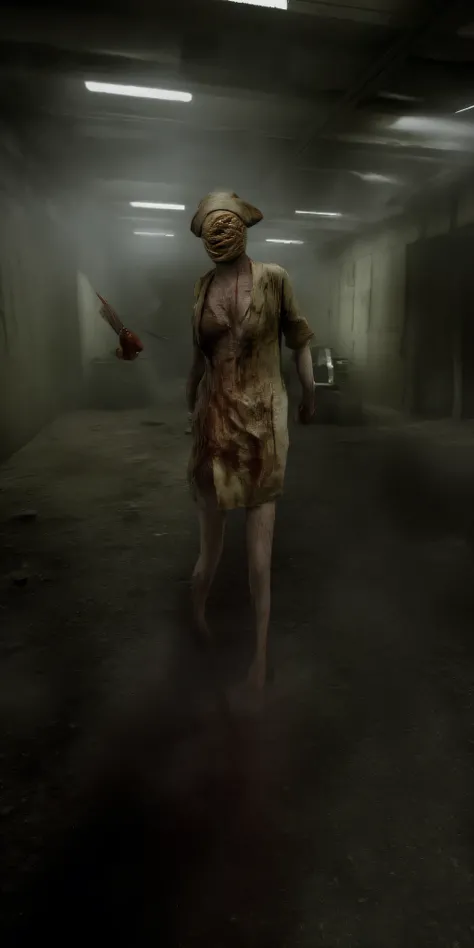 A Silent Hill nurse with a bandaged head and distorted face stands in a dimly lit hospital corridor. Blood-stained uniform with ripped fabric revealing grotesque flesh underneath. Holding a rusty scalpel dripping with dark liquid. Flickering fluorescent li...