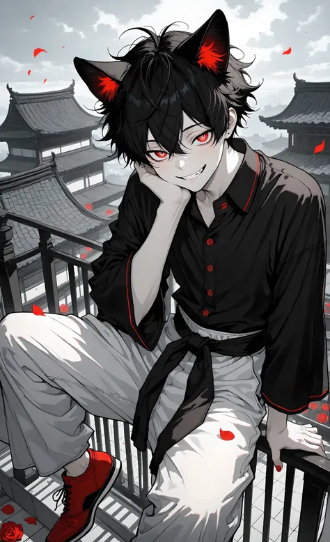 ultra-detailed, high detail, best quality, masterpiece, sharp focus, detailed shadows, vivid colors, high resolution, anime art, 1male, solo,
a young Asian-appearing male with black messy hair, red cat ears, pale skin, flushed cheeks, reddish eyes with lig...