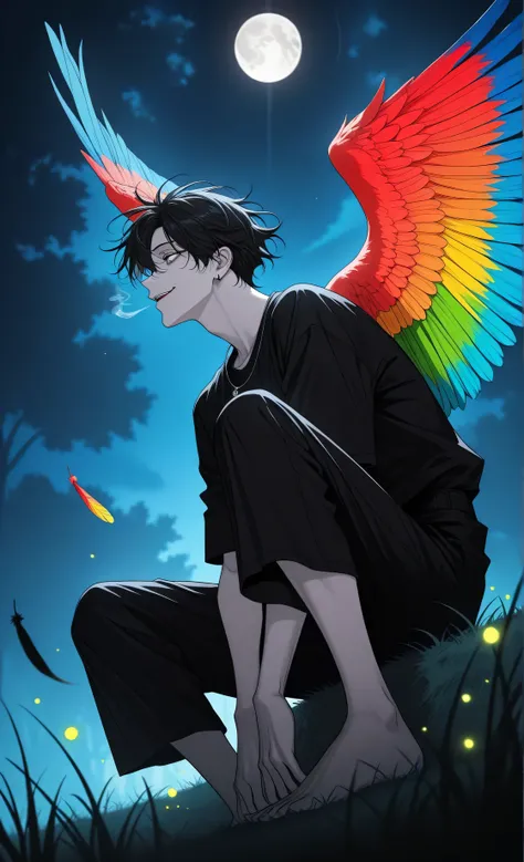male,ultra-detailed, high detail, best quality, masterpiece, sharp focus, detailed shadows, vivid colors, anime art, illustration, fantasy art, 1male, solo, bottom-up view, low angle, a slender young man with pale skin, black hair blowing in the wind, long...