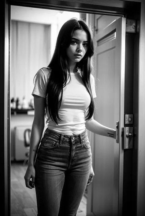 Woman with long hair, jeans, standing in a doorway, portrait of a suicidal girl, beautiful lonely girl, young woman with long hair, girl with long hair, photo of the girl, portrait of a depressed girl, wind in her hair, portrait of an ominous girl, wind in...