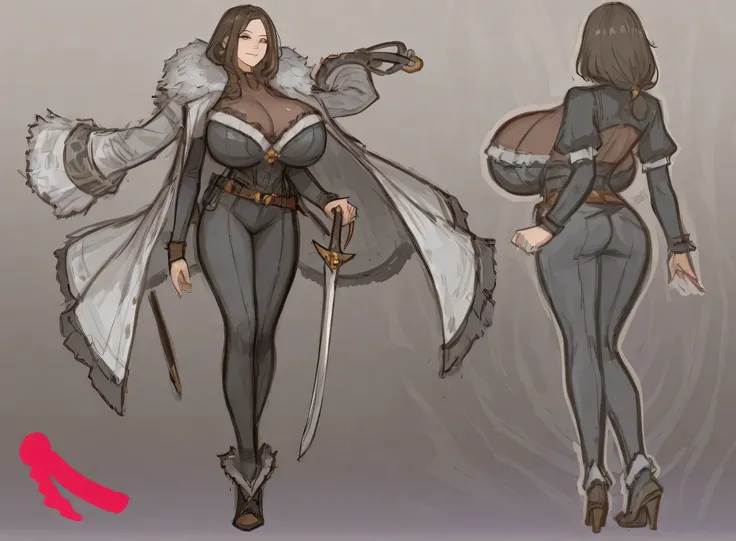 no background , delete background, layer,  sketch art, 1 girl,  milf, sword girl, big breast, 