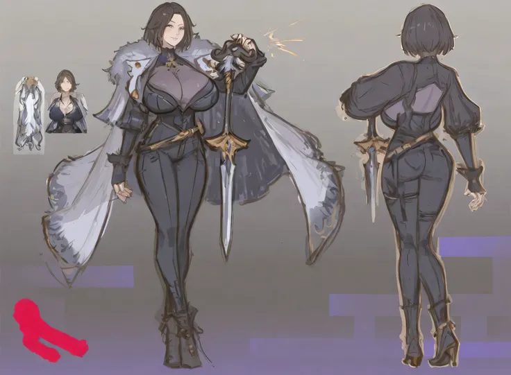 no background , delete background, layer,  sketch art, 1 girl,  milf, sword girl, big breast, 