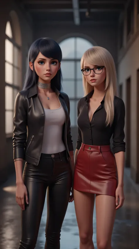 A photorealistic image , that two young women in a industrial environment shows. The first woman stands confidently in the middle of the picture, is wearing a black leather jacket and black leather pants. She has a light skin color, dunkles, straight hair...