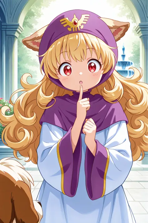 purple hood, hood up, blonde hair, curly hair, long hair, red eyes, white robe, long sleeves,High Quality, artistic, in detail with your own finger, fantasy world setting, it looks like she is playfully mounted on the princess of Moonburg, Big dog(St. Bern...