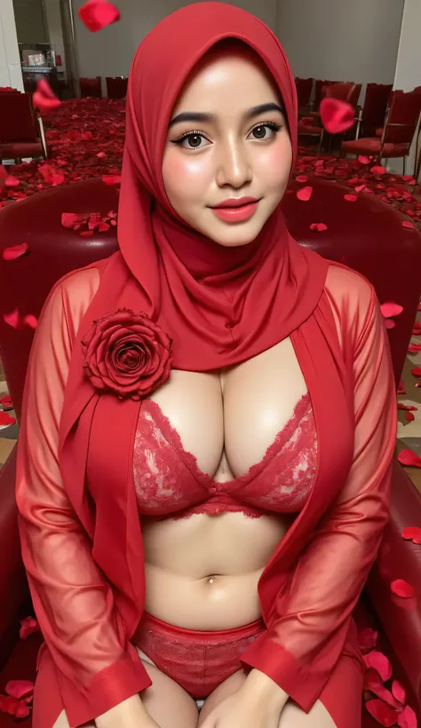 Indonesian hijab Woman, wearing a red satin hijab with red rose accessories on the left side of the hijab, wearing a red transparent coat, wearing red lingerie, showing her white skin, chest and navel seen, sitting in the red chair, background of a pile o...