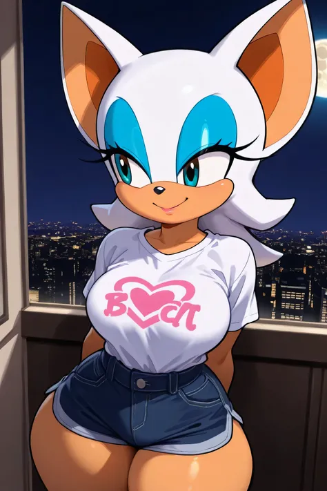 Rouge the bat,blue eyes,,small hips, brown eyes ,white fur ,sostén whites,black pigtails in the ears,big breasts,guantes whites,black averages ,shorts whites,,shirt with straps,white , arms back ,, big thighs,in a room with a view of the city,with full m...