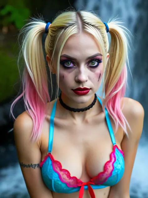 Ultra-realistic image of a blonde woman with two blue and pink tipped pigtails and red and pink lace lingerie with a bow. Harley Quinn has colorful hair and delicate face with thin lips, wide nose and clear green eyes expressive deep look. She is next to a...