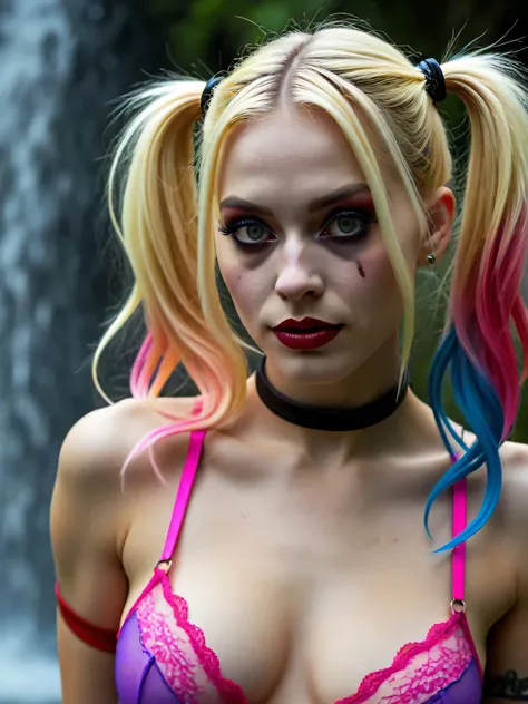 Ultra-realistic image of a blonde woman with two blue and pink tipped pigtails and red and pink lace lingerie with a bow. Harley Quinn has colorful hair and delicate face with thin lips, wide nose and clear green eyes expressive deep look. She is next to a...