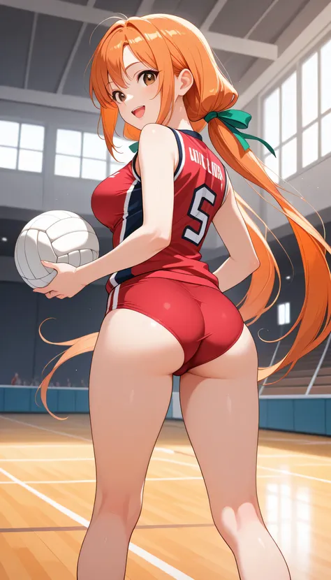 1girl, standing, long legs, from behind, looking back, BREAK girl, karane_inda, 22yo, brown eyes, orange hair, very long hair, low twintails, green ribbon, hair ribbon, medium breasts, beautiful eyes, beautiful face, volleyball uniform, red buruma, (taut c...