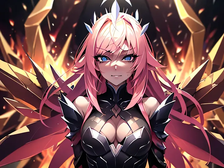 anime style, upper body portrait, final boss form of female transformation mage, light pastel pink straight hair, blue eyes with red magic cracks, evil confident battle smile, wearing black leather jacket and pants transformed into dragon-like black armor,...