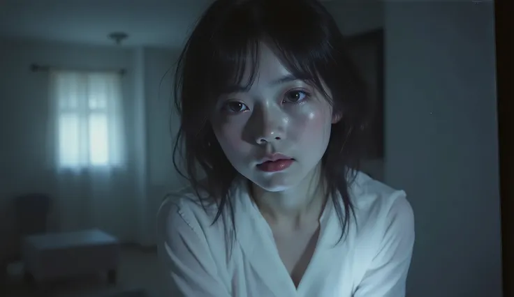 On the set of the horror movie、paint a beautiful yet creepy portrait of a Japanese actress. The subject is leaning to the right of the screen, composition from the front, the direction of the body is straight, She has ghostly white skin and dark purple lip...