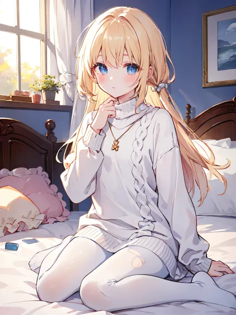 masterpiece, top quality, Practicalな, 8k, Official Art, Movie Lighting, 1 girl, white sweater dress, torn pantyhose, sitting, on the bed, bedroom, sunlight, staring at the audience,masterpiece 、 top quality 、 Practical 、 8k 、 Official Art 、 Movie Lighting...