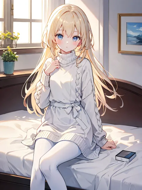 masterpiece, top quality, Practicalな, 8k, Official Art, Movie Lighting, 1 girl, white sweater dress, pantyhose, sitting, on the bed, bedroom, sunlight, staring at the audience,masterpiece 、 top quality 、 Practical 、 8k 、 Official Art 、 Movie Lighting 、 Ul...