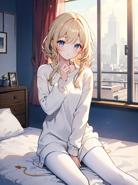 masterpiece, top quality, Practicalな, 8k, Official Art, Movie Lighting, 1 girl, white sweater dress, pantyhose, sitting, on the bed, bedroom, sunlight, staring at the audience,masterpiece 、 top quality 、 Practical 、 8k 、 Official Art 、 Movie Lighting 、 Ul...