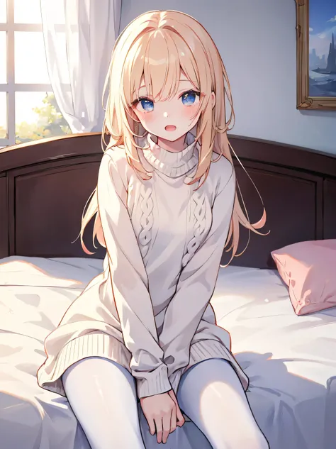 masterpiece, top quality, Practicalな, 8k, Official Art, Movie Lighting, 1 girl, white sweater dress, pantyhose, sitting, on the bed, bedroom,blushing、place your hand on your crotch、open mouth、slouched eyes、 sunlight, staring at the audience,masterpiece 、 ...