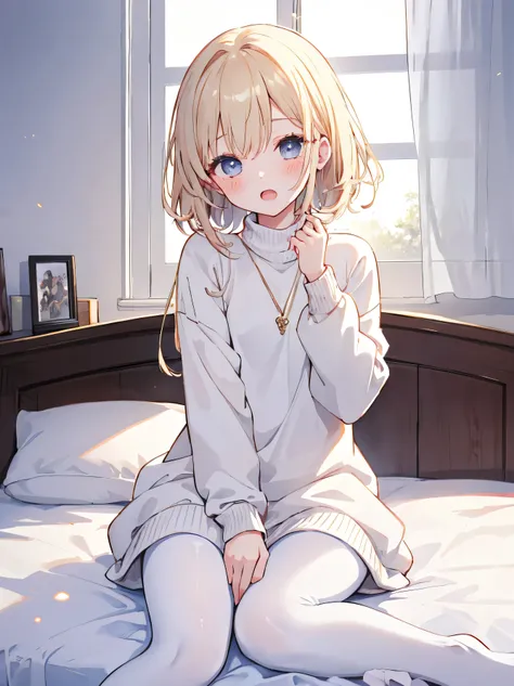 masterpiece, top quality, Practicalな, 8k, Official Art, Movie Lighting, 1 girl, white sweater dress, pantyhose, sitting, on the bed, bedroom,blushing、place your hand on your crotch、open mouth、masturbating、slouched eyes、 sunlight, staring at the audience,m...