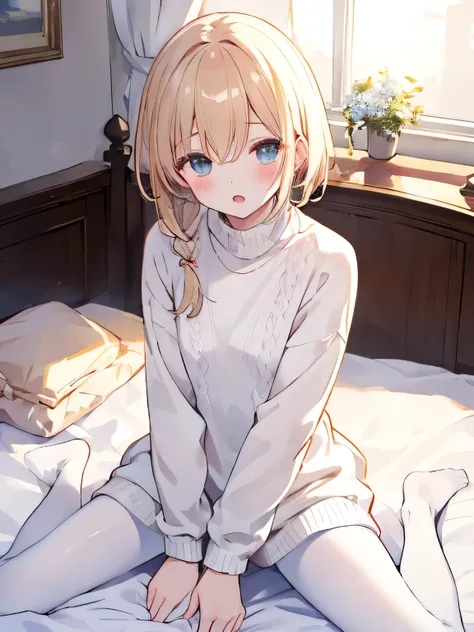 masterpiece, top quality, Practicalな, 8k, Official Art, Movie Lighting, 1 girl, white sweater dress, pantyhose, sitting, on the bed, bedroom,blushing、Both hands on crotch、open mouth、masturbating、looking upwards、above、square、slouched eyes、 sunlight, starin...