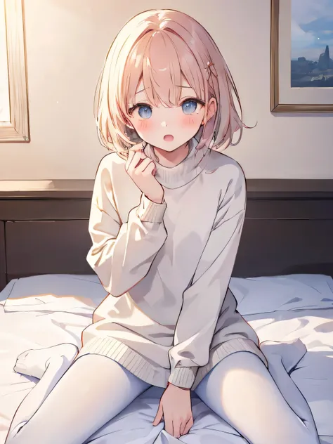 masterpiece, top quality, Practicalな, 8k, Official Art, Movie Lighting, 1 girl, white sweater dress, pantyhose, sitting, on the bed, bedroom,blushing、Both hands on crotch、open mouth、masturbating、looking upwards、above、square、slouched eyes、 sunlight, starin...