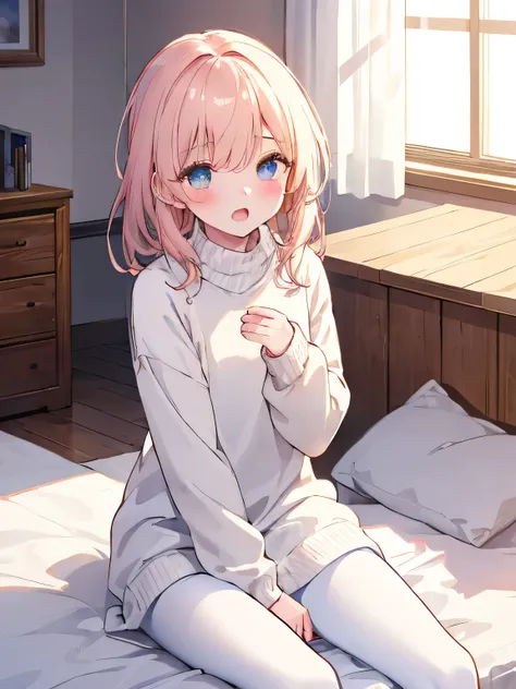 masterpiece, top quality, , 8k, Official Art, Movie Lighting, 1 girl, white sweater dress, pantyhose, sitting, on the bed, bedroom,blushing、Both hands on crotch、open mouth、uncensored、18ban、masturbating、looking upwards、above、square、slouched eyes、 sunlight,...