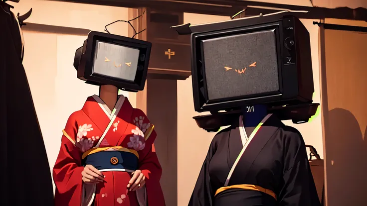  monitor head, kimono, woman || masterpiece, perfect quality, sharp focus, shallow depth of field, 8k