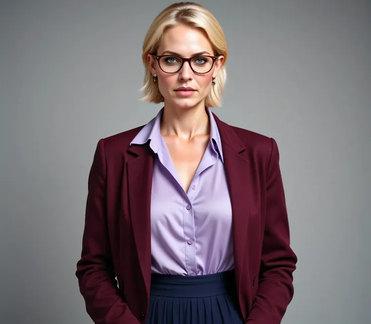 A realistic, high resolution photograph of a beautiful European woman in her 40's; full body frontal view facing the camera with her arms at her side, looking at the camera. There is extra space in the photo above her head. She has a lithe, fashion model f...