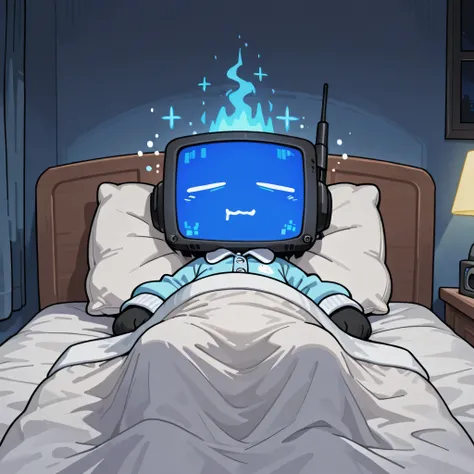 (masterpiece, best quality:1.2),
chibi style, 1boy, radio_head, expressive craze_face, glowing circle eyes, blue screen lights, glitch_face distortion,
cartoony, tiny cute proportions, soft sleepy expression,
wearing cozy pajamas, soft fabric texture, pas...