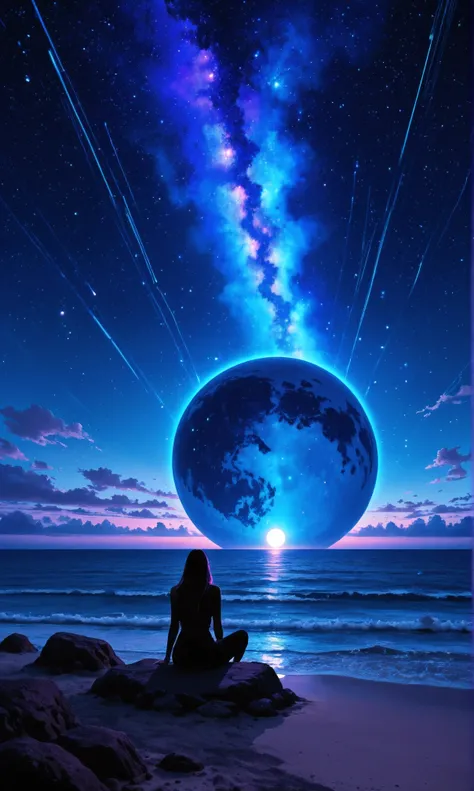 ultra-wide-angle aerial view of a futuristic fantasy city, highly detailed, photorealistic, neonpunk aesthetic, vibrant neon lights illuminating towering modern skyscrapers, reflecting on calm water. Night scene. In the extreme foreground, a lone figure si...