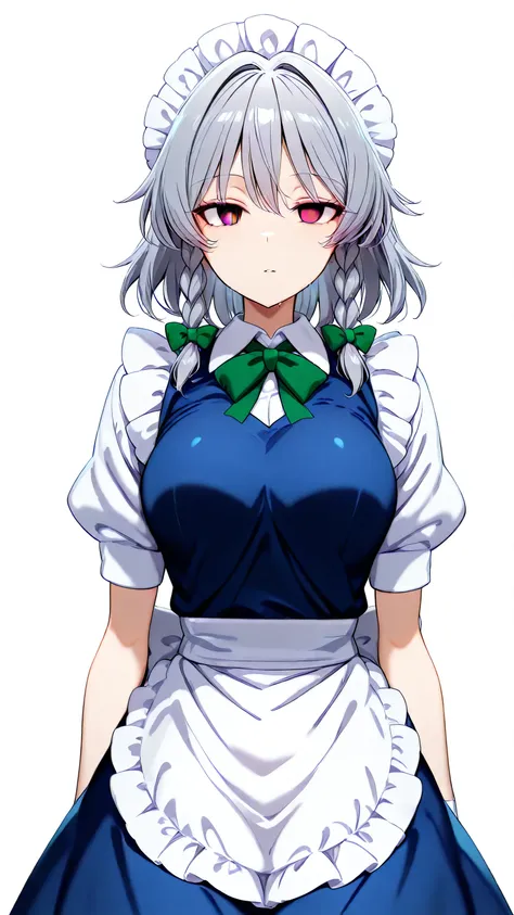 empty_eyes,1girl, izayoi sakuya (touhou), pink eyes, maid, medium hair, twin braids, grey hair, maid headdress, blue dress, puffy short sleeves, maid apron, waist apron, white apron, green bow, hair bow, waist bow, white bow,arms at sides , white backgroun...